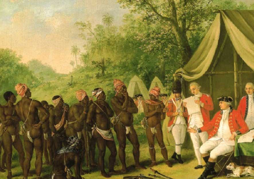 Colonial officers reviewing enslaved people